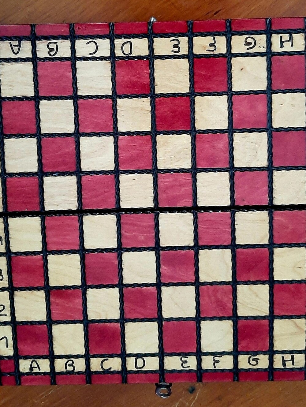Vintage Polish Hand Carved Wooden Folk Art Chess Set, Foldable Board, Red 10.75"